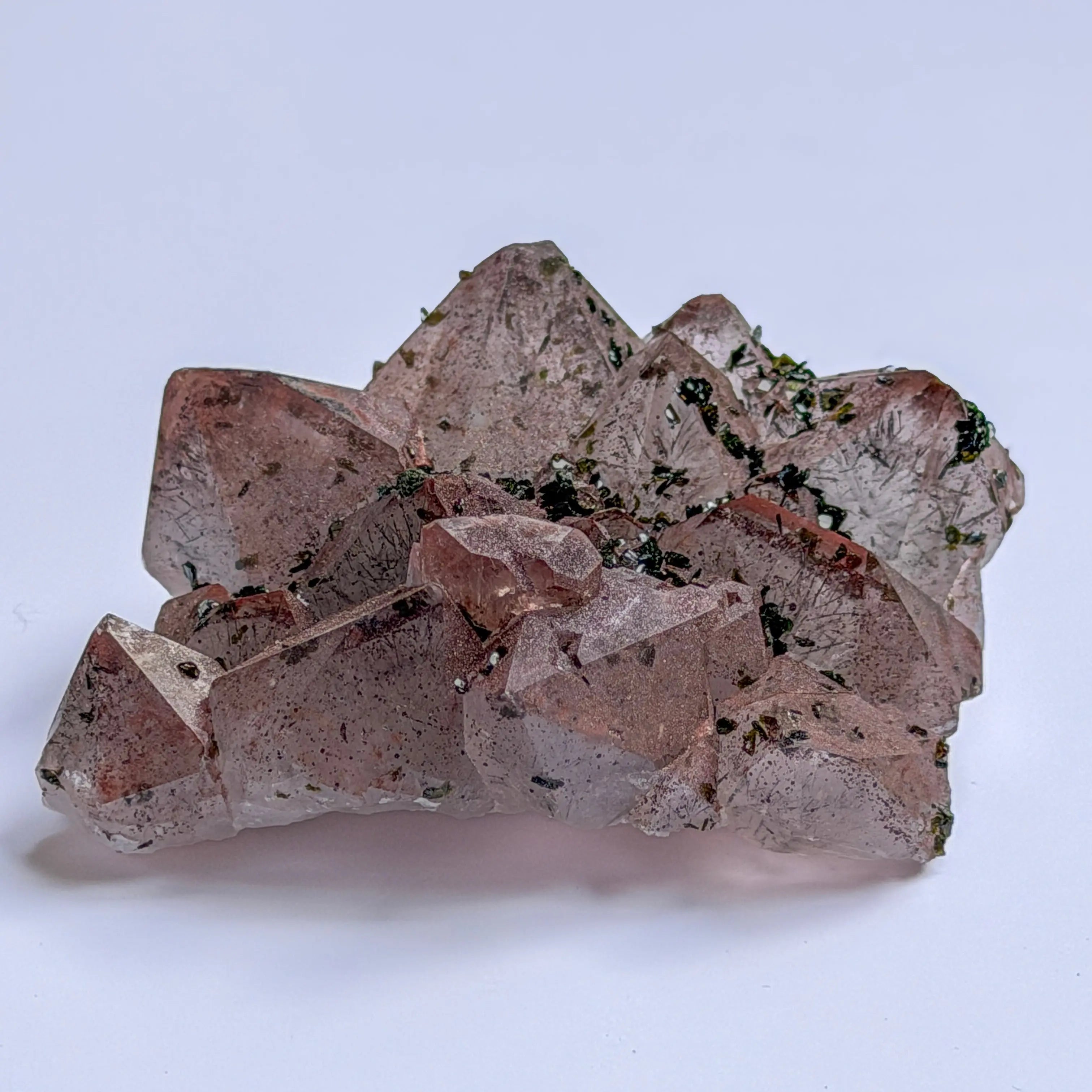 Pink Garden Quartz from Sichuan with Epidote and Hematite view 4